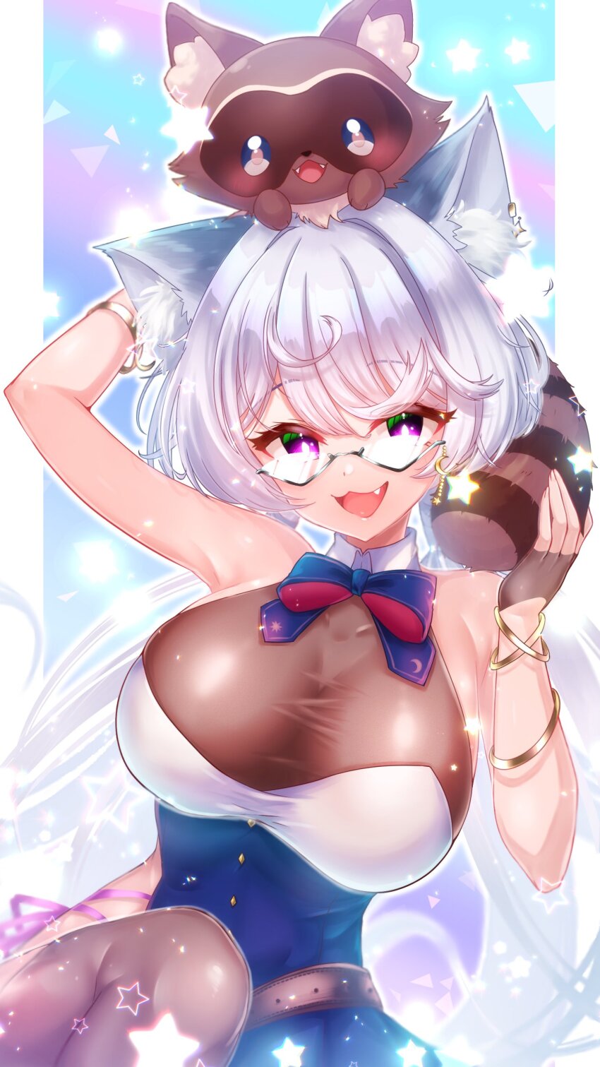 1girl, 1other, absurdres, animal, animal_ears, bare_shoulders, bracelet, breasts