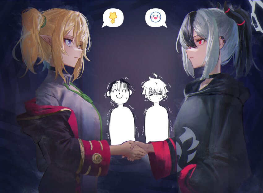 2boys, 2girls, betanonbeet, black_choker, black_hair, black_hoodie, black_jacket, blue_archive