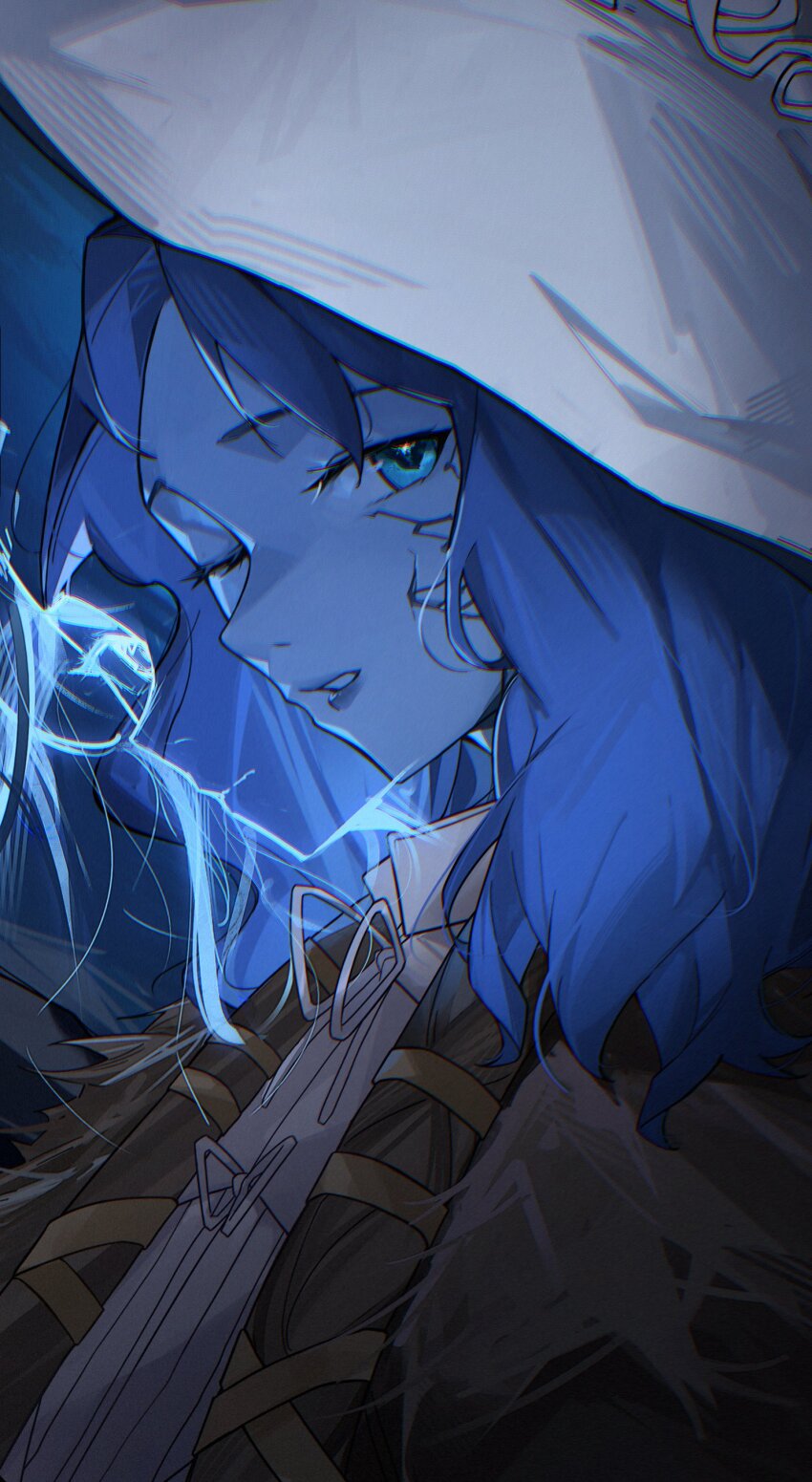 1girl, absurdres, blue_eyes, blue_hair, blue_lips, blue_skin, brown_cloak, cloak