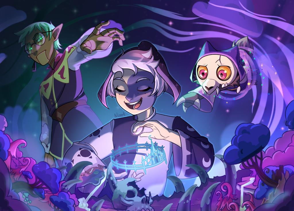 1boy, 2others, bone, broken_skull, castle, closed_eyes, cloud, colored_skin, crescent, forest, glasses, green_eyes, green_hair, king_clawthorne, monster, multicolored_skin, multiple_boys, multiple_others, nature, night, nixettt, orange_eyes, possessed, puppet, raine_whispers, reaching, skull, smile, spoilers, sun_symbol, the_collector_(the_owl_house), the_owl_house, tiara, tree, two-tone_skin, ventriloquist_dummy, white_hair