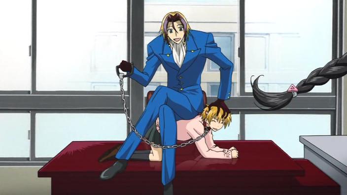 00s, blonde_hair, dog, formal_clothes, katsuragi_yako, majin_tantei_nougami_neuro, master, multicolored_hair