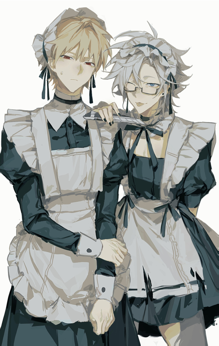 2boys, ahoge, alternate_costume, apron, atou_haruki, black_dress, black_nails, black_ribbon