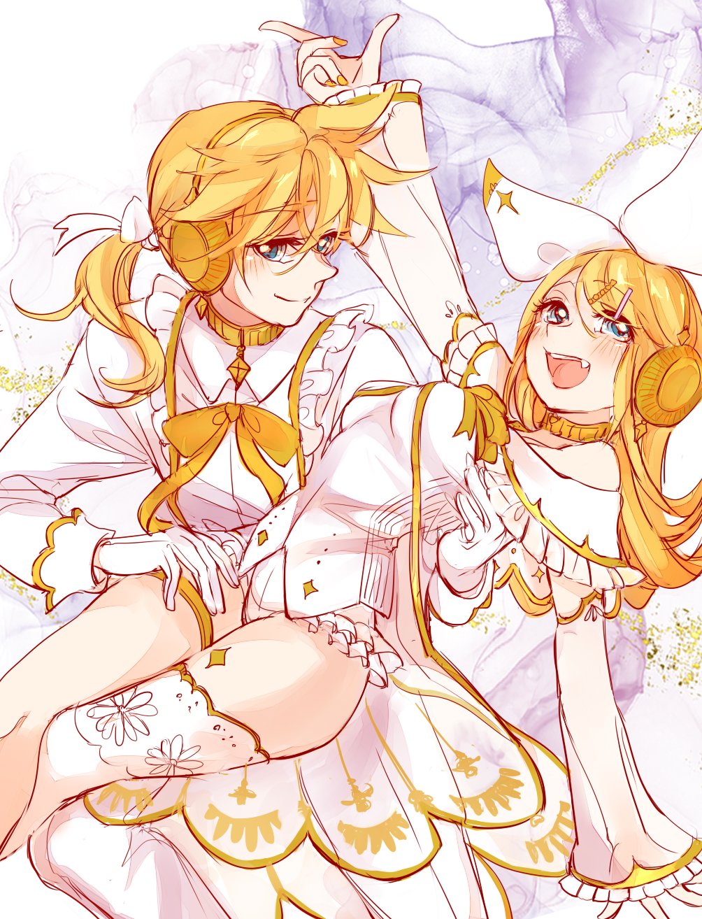 1boy, 1girl, aged_up, ahoge, alternate_hair_length, alternate_hairstyle, arched_back, asymmetrical_legwear, ballerina, bare_shoulders, blonde_hair, blue_eyes, blush, bow, bowtie, breasts, carrying, carrying_person, dancing, detached_sleeves, fang, frilled_sleeves, frills, gloves, gold_choker, gold_trim, gramophone_len, gramophone_rin, hair_ornament, hair_ribbon, hairclip, hand_on_another's_back, headphones, headpiece, highres, index_finger_raised, kagamine_len, kagamine_rin, legwear_garter, leotard, looking_at_viewer, medium_breasts, miku_symphony_(vocaloid), mimi_mine, phonograph, pointing, pointing_up, ponytail, ribbon, see-through_clothes, see-through_skirt, see-through_sleeves, single_thighhigh, skirt, straight_hair, thigh_strap, thighhighs, vocaloid, wavy_hair, white_bow, white_gloves, white_leotard, white_thighhighs, yellow_bow, yellow_nails