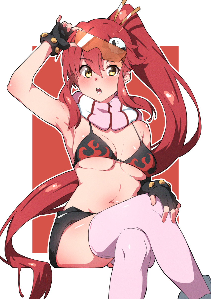 1girl, adjusting_eyewear, ankle_boots, arm_up, armpits, asymmetrical_gloves, bare_shoulders, bikini, bikini_top_only, black_gloves, black_shorts, blush, boots, breasts, cleavage, commentary_request, crossed_legs, eyewear_on_head, feet_out_of_frame, fingerless_gloves, flame_print, gloves, groin, hair_between_eyes, hair_ornament, hatohane_(tonnkotubird), highres, invisible_chair, legs, long_hair, looking_at_viewer, medium_breasts, navel, open_mouth, partial_commentary, pink_thighhighs, ponytail, red_hair, scarf, short_shorts, shorts, sidelocks, sitting, skindentation, skull_hair_ornament, solo, stomach, sunglasses, swimsuit, teeth, tengen_toppa_gurren_lagann, thighhighs, underboob, white_background, white_boots, yellow_eyes, yoko_littner