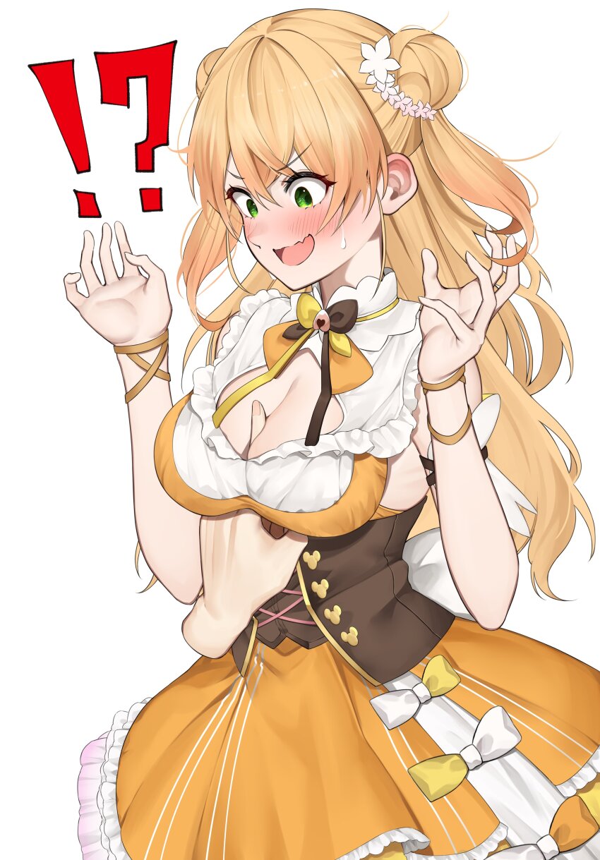 !?, 1girl, absurdres, between_breasts, blonde_hair, blush, bow, bowtie