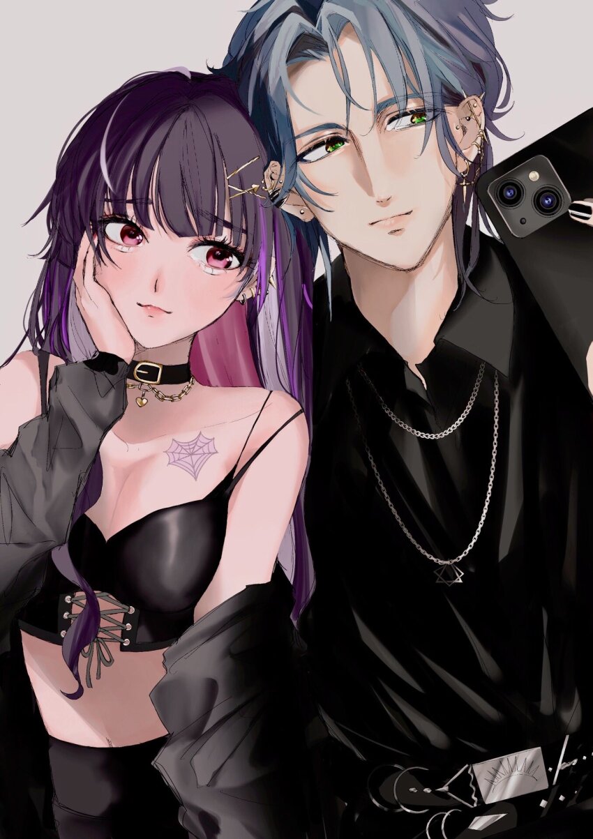 1boy, 1girl, alternate_costume, black_bustier, black_collar, black_hair, black_pants, black_shirt