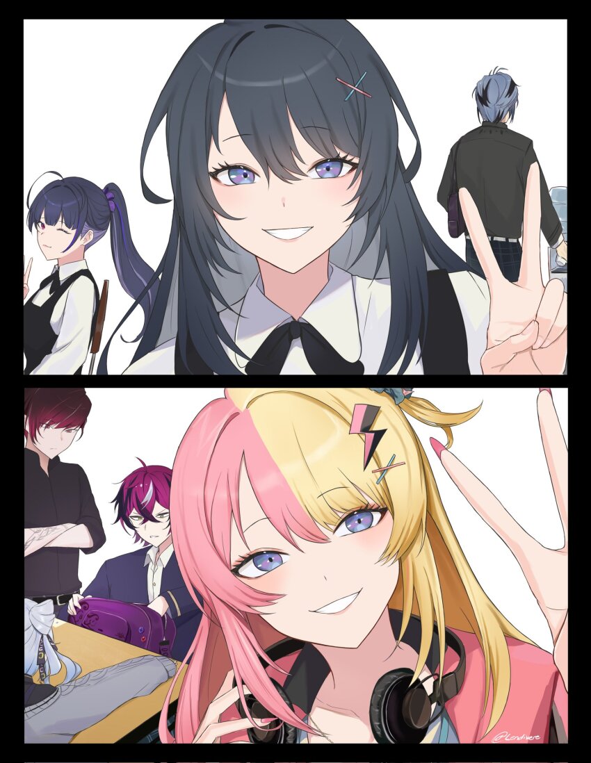 3boys, 3girls, age_progression, bag, black_dress, black_hair, blonde_hair, blue_eyes