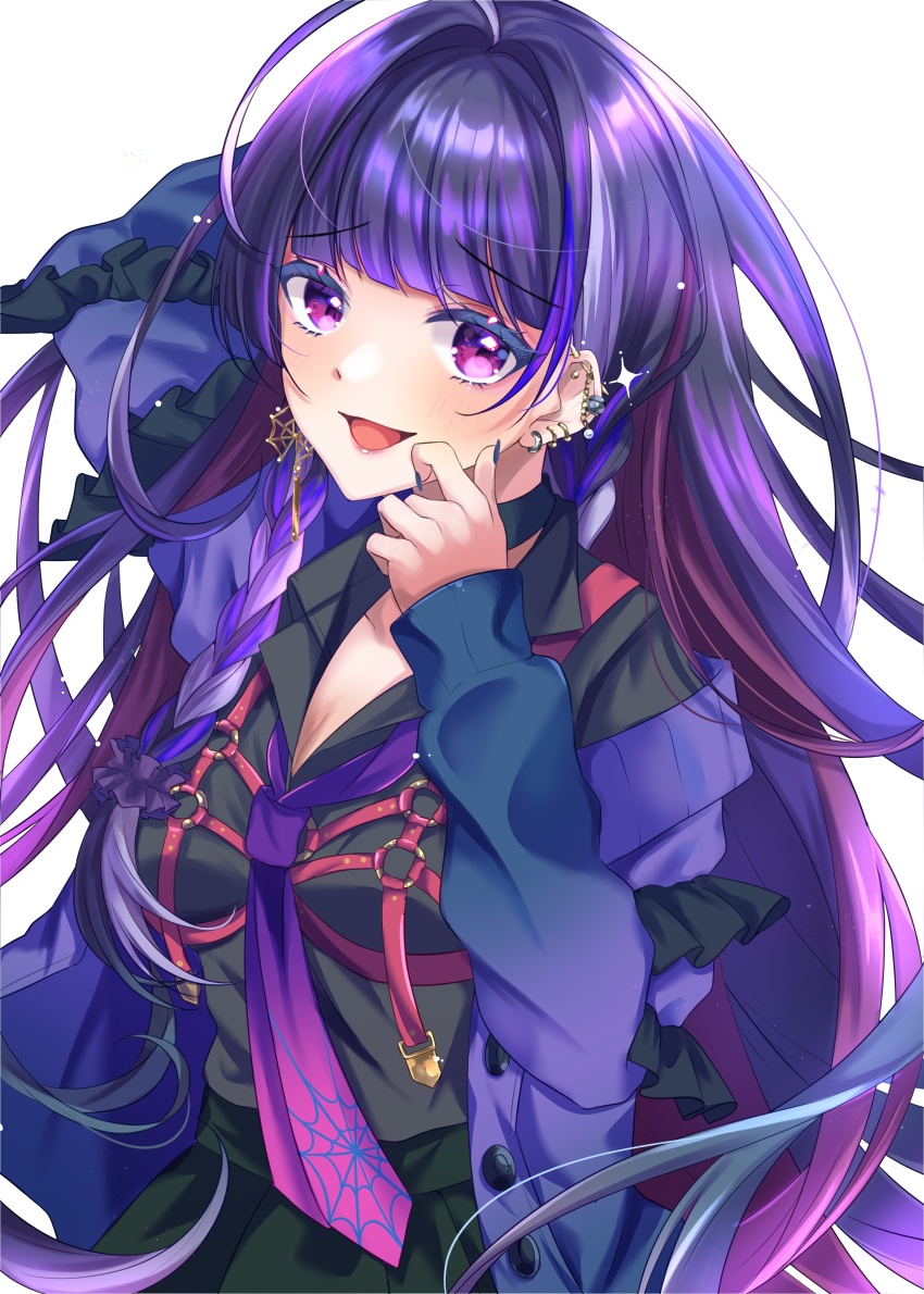 1girl, absurdres, ahoge, arm_behind_back, black_shirt, black_skirt, braid, breast_strap