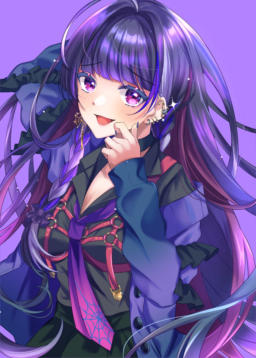 1girl, absurdres, ahoge, arm_behind_back, black_shirt, black_skirt, braid, breast_strap