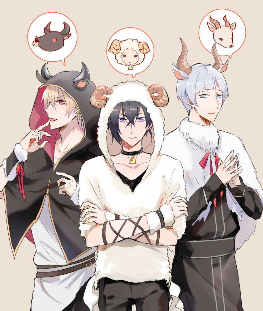 3boys, alchemist_(i-chu), animal_ears, baber_(i-chu), black_hair, blonde_hair, blue_eyes, blunt_bangs, cavpas, cow_boy, cow_ears, cow_horns, facing_to_the_side, fake_animal_ears, goat_boy, goat_horns, highres, horns, i-chu, looking_at_viewer, male_focus, multiple_boys, pink_eyes, purple_eyes, sheep_boy, sheep_horns, short_hair, uruha_saku, white_hair, yakaku_kuro