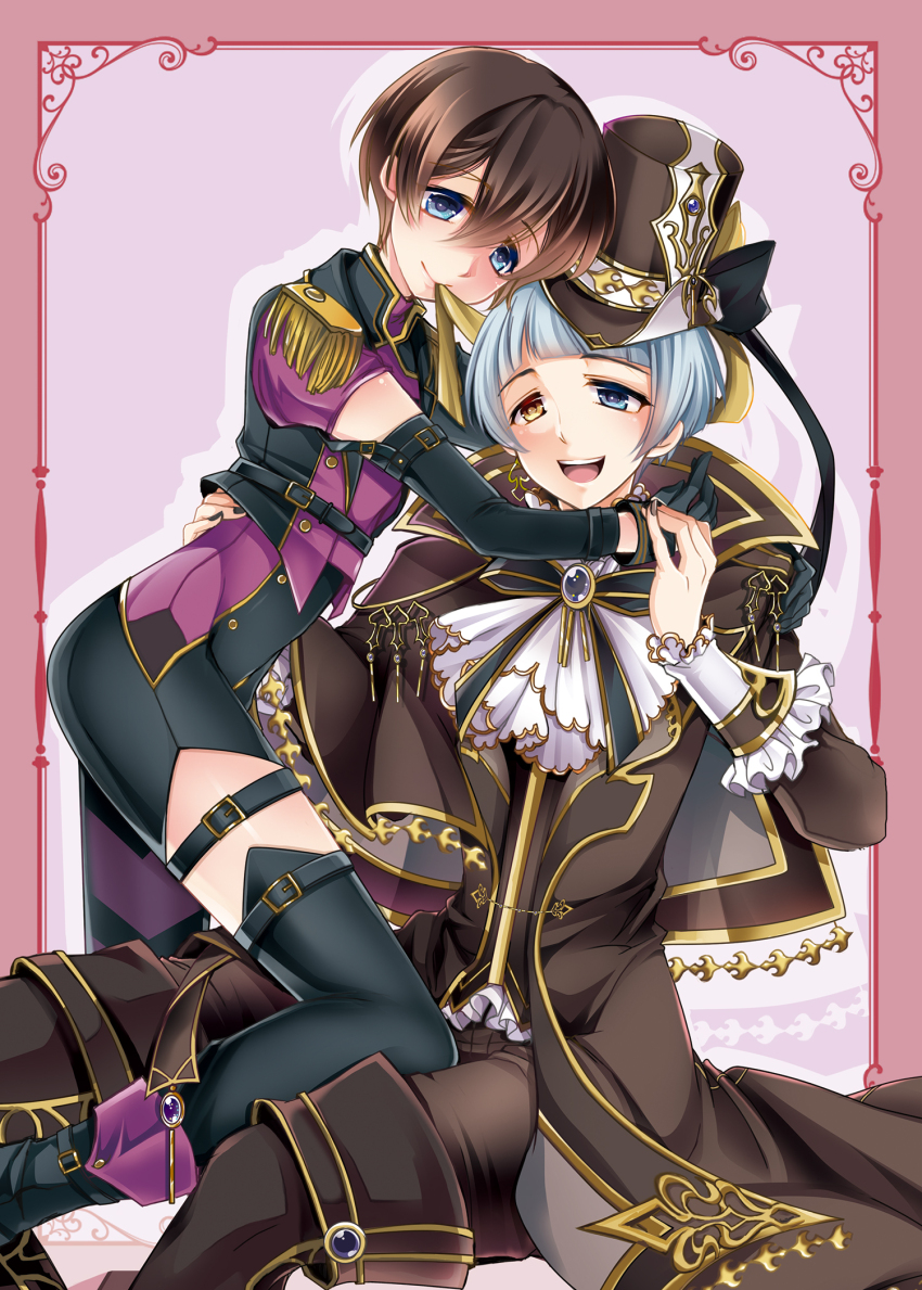 2boys, androgynous, baber_(i-chu), black_thighhighs, blue_eyes, blunt_bangs, brown_hair, cosplay