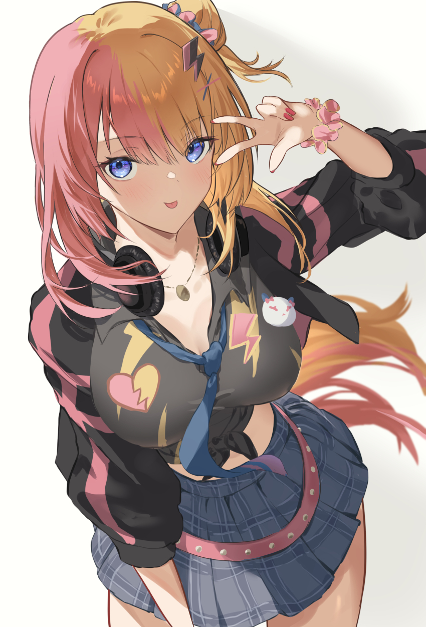 1girl, :p, absurdres, amesuku_gyaru, belt, black_jacket, black_shirt, blonde_hair