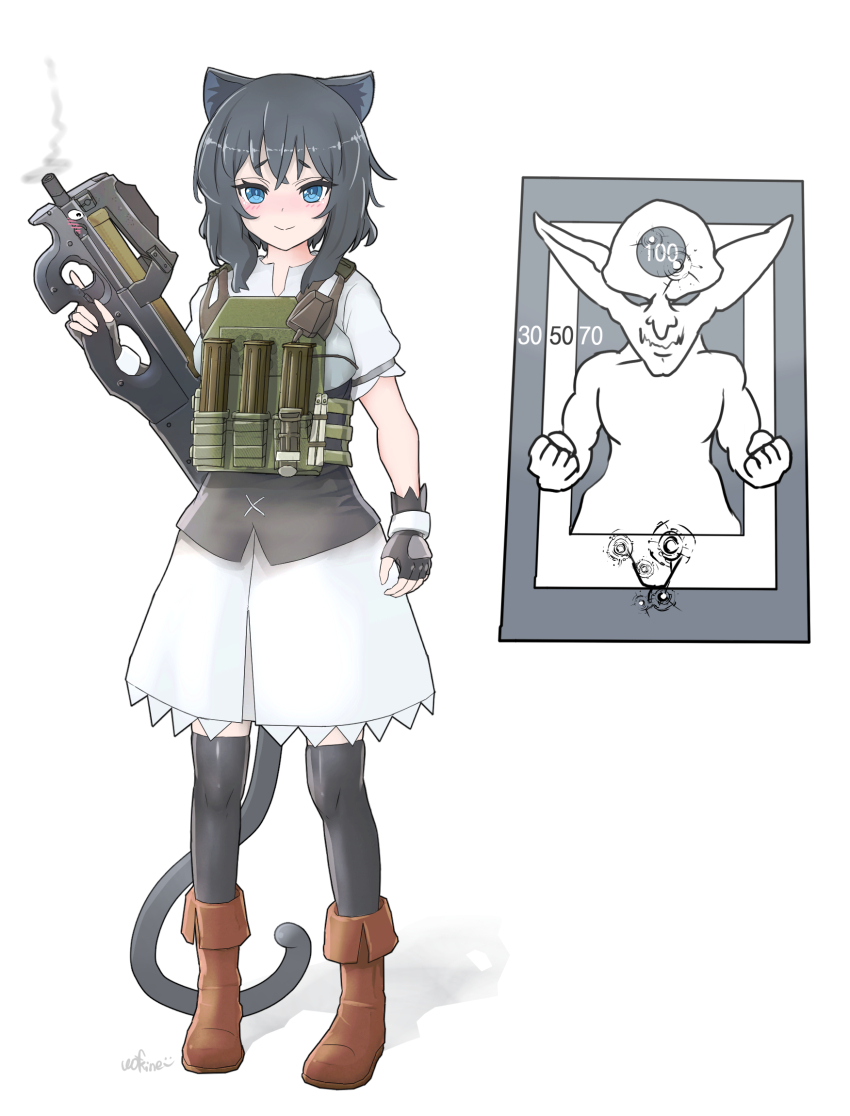 1g_no_izumi, ammunition_pouch, animal_ears, black_hair, blue_eyes, blush, boots, bullet_hole