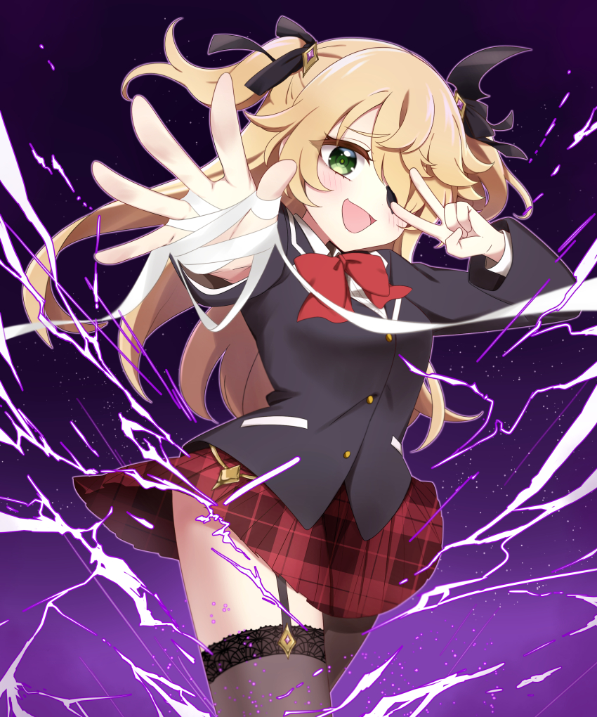 1girl, absurdres, bandaged_hand, bandages, bat_ornament, black_thighhighs, blonde_hair, blush