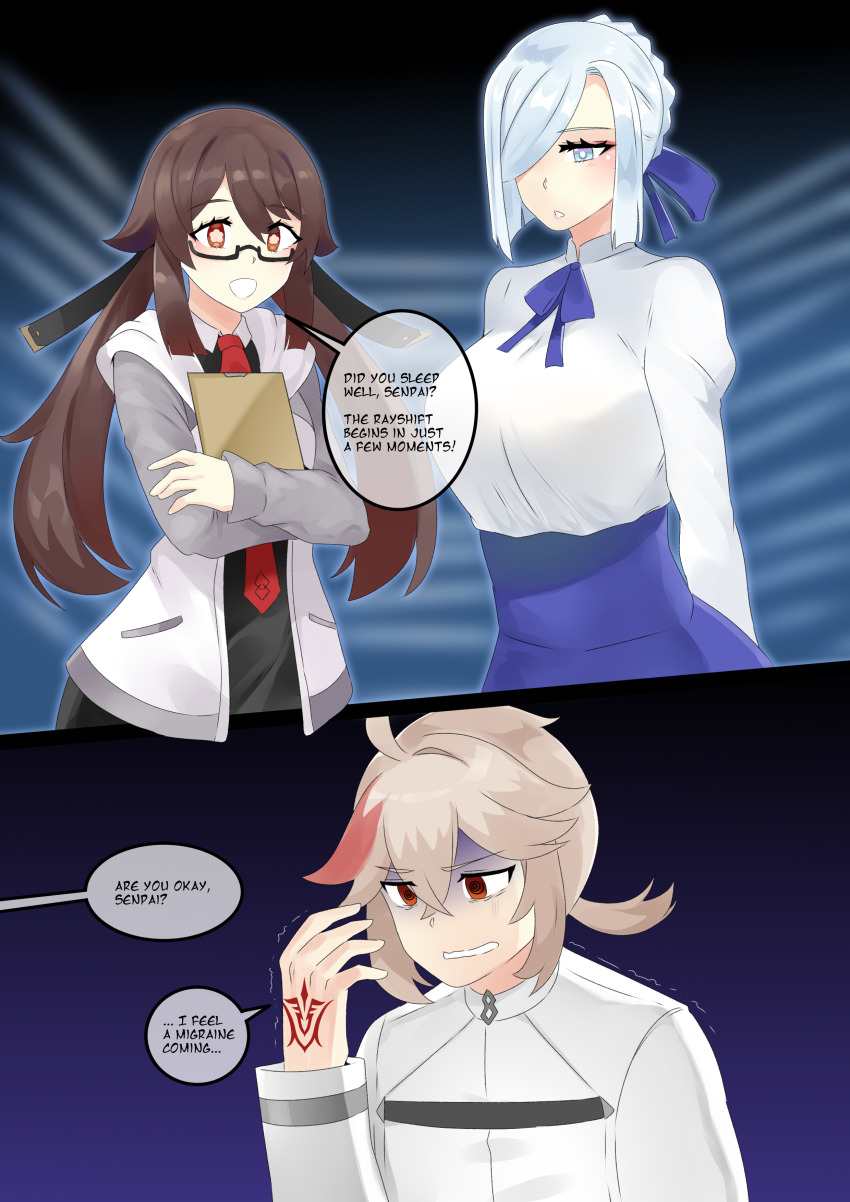 1boy, 2girls, absurdres, ahoge, alternate_costume, alternate_hairstyle, artoria_pendragon_(fate), black-framed_eyewear, black_dress, blue_ribbon, blue_skirt, blush, braid, breasts, brown_eyes, brown_hair, chaldea_uniform, clipboard, collared_dress, comic, command_spell, commentary, cosplay, crossover, dress, english_commentary, english_text, fate/grand_order, fate_(series), flower-shaped_pupils, french_braid, fujimaru_ritsuka_(male), fujimaru_ritsuka_(male)_(cosplay), genshin_impact, glasses, gloom_(expression), grey_eyes, grey_hair, grey_jacket, hair_between_eyes, hair_over_one_eye, hair_ribbon, highres, holding, holding_clipboard, hood, hood_down, hooded_jacket, hu_tao_(genshin_impact), jacket, kaedehara_kazuha, kawasumi_ayako, kuroeart, large_breasts, long_hair, long_sleeves, mash_kyrielight, mash_kyrielight_(cosplay), multicolored_hair, multicolored_jacket, multiple_girls, neck_ribbon, necktie, one_eye_covered, open_clothes, open_mouth, ponytail, red_hair, red_necktie, ribbon, saber_(fate), saber_(fate)_(cosplay), shaded_face, shenhe_(genshin_impact), shimazaki_nobunaga, shirt, short_hair, short_ponytail, skirt, speech_bubble, streaked_hair, symbol-shaped_pupils, takahashi_rie, twintails, two-tone_jacket, voice_actor_connection, white_jacket, white_shirt