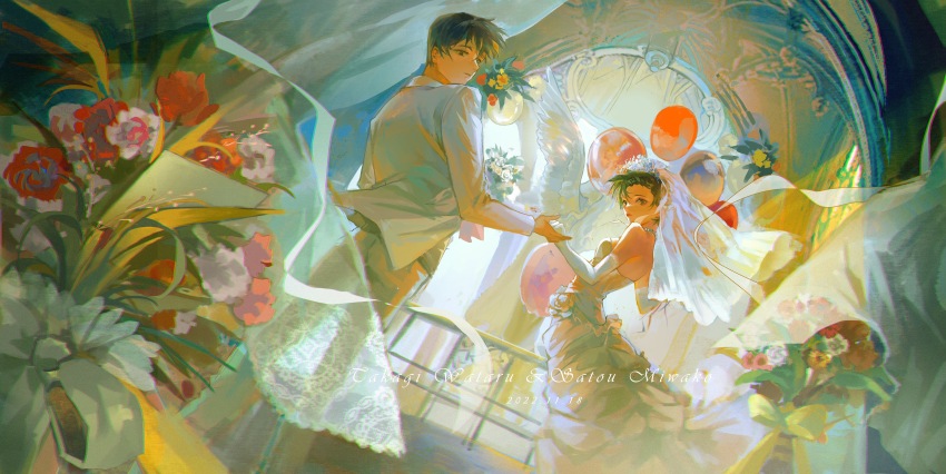 1boy, 1girl, absurdres, asymmetrical_hair, balloon, bare_shoulders, black_hair, bouquet