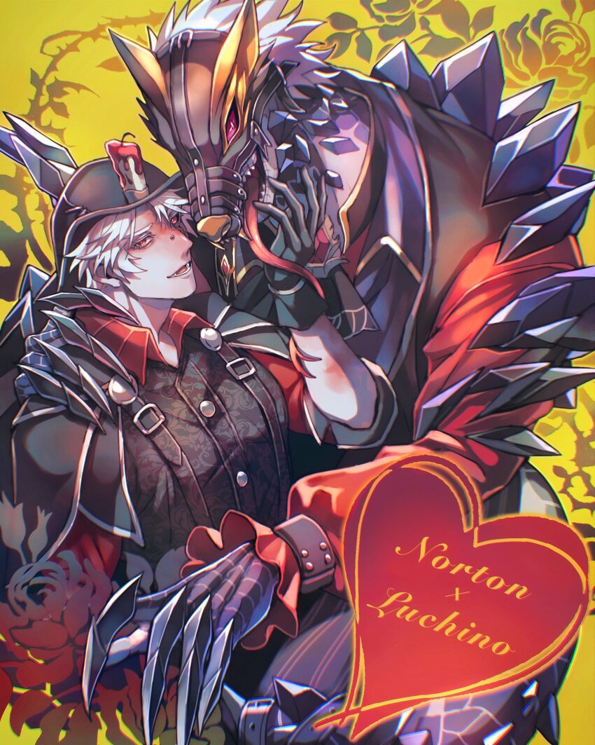 2boys, absurdres, black_gloves, black_headwear, bright_pupils, candle, claws, collared_shirt