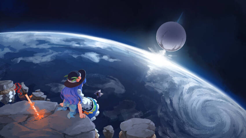 1girl, black_hat, blue_hair, blue_skirt, commission, destiny_(game), dress, earth_(planet)