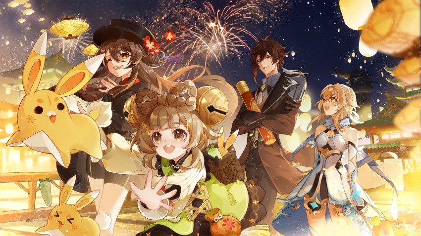 1girl, 3girls, bare_shoulders, bell, black_hair, black_headwear, blonde_hair, blunt_bangs, bow-shaped_hair, braid, breasts, brown_eyes, brown_hair, chinese_clothes, chinese_commentary, cleavage, detached_sleeves, diamond-shaped_pupils, diamond_(shape), dress, earrings, eyeliner, eyeshadow, fingerless_gloves, fireworks, flower, flower-shaped_pupils, formal_clothes, genshin_impact, gloves, gradient_hair, hair_bell, hair_between_eyes, hair_ornament, hat, hat_flower, highres, hu_tao_(genshin_impact), jacket, jewelry, lantern, long_hair, long_sleeves, lumine_(genshin_impact), makeup, medium_breasts, multicolored_hair, multiple_girls, necktie, night, one_eye_closed, paper_lantern, plum_blossoms, porkpie_hat, red_eyes, red_eyeshadow, red_shirt, samao7777, scarf, shirt, short_hair_with_long_locks, short_shorts, shorts, sidelocks, single_earring, sky, sleeveless, sleeveless_dress, smile, star-shaped_pupils, star_(symbol), suit, symbol-shaped_pupils, tassel, tassel_earrings, teeth, twintails, upper_teeth_only, white_dress, white_gloves, white_necktie, white_scarf, yaoyao_(genshin_impact), yellow_eyes, yuegui_(genshin_impact), zhongli_(genshin_impact)