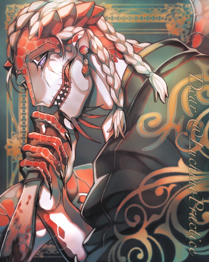 1boy, absurdres, black_jacket, black_nails, blood, bloody_weapon, braid, bright_pupils