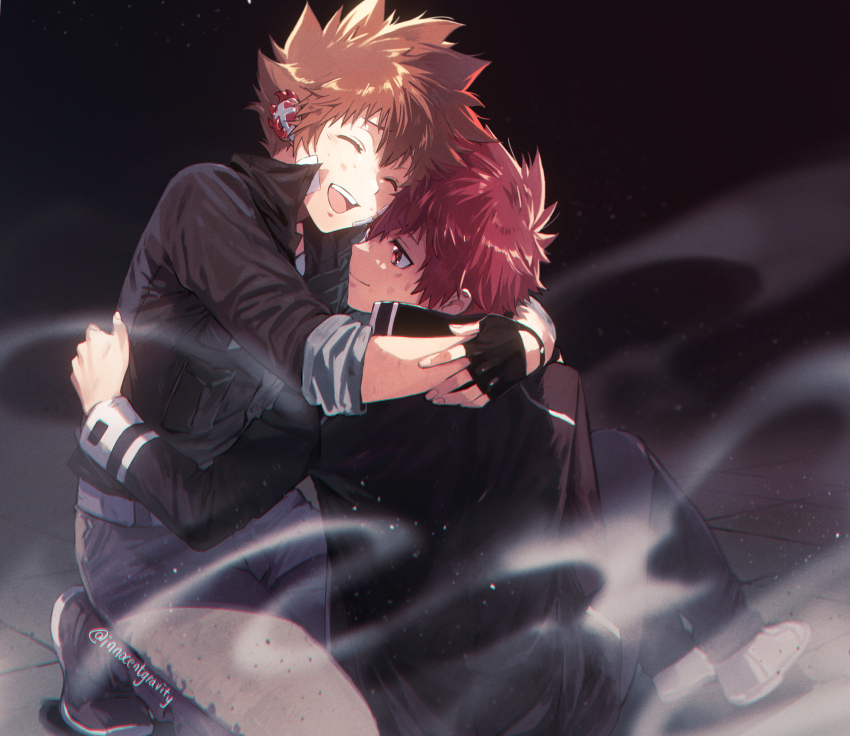 2boys, ^_^, ^o^, belt, black_background, black_footwear, black_gloves, black_jacket