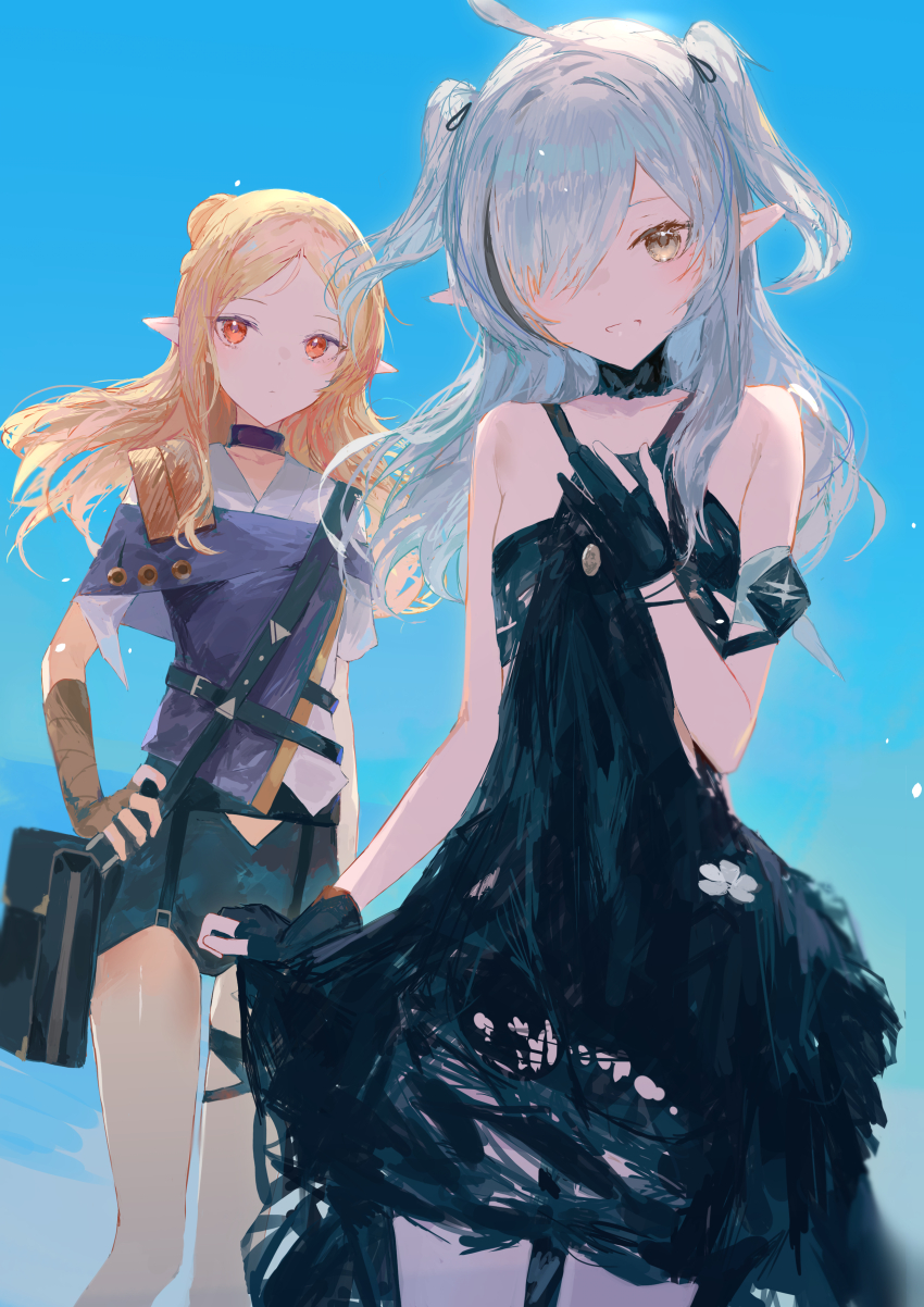 2girls, absurdres, ahoge, arknights, bare_shoulders, black_dress, black_gloves, black_hair, black_shorts, blue_sky, brown_eyes, brown_gloves, closed_mouth, commentary_request, day, deculture_silvermint_(arknights), dress, elbow_gloves, fingerless_gloves, forehead, gloves, grey_hair, grin, hair_over_one_eye, hand_up, highres, ichika_(ichika87), jacket, long_hair, multicolored_hair, multiple_girls, outdoors, parted_bangs, partially_fingerless_gloves, pointy_ears, purple_jacket, red_eyes, shorts, sketch, sky, sleeveless, sleeveless_dress, smile, streaked_hair, tomimi_(arknights), tomimi_(summer)_(arknights), torn_clothes, torn_dress, two_side_up
