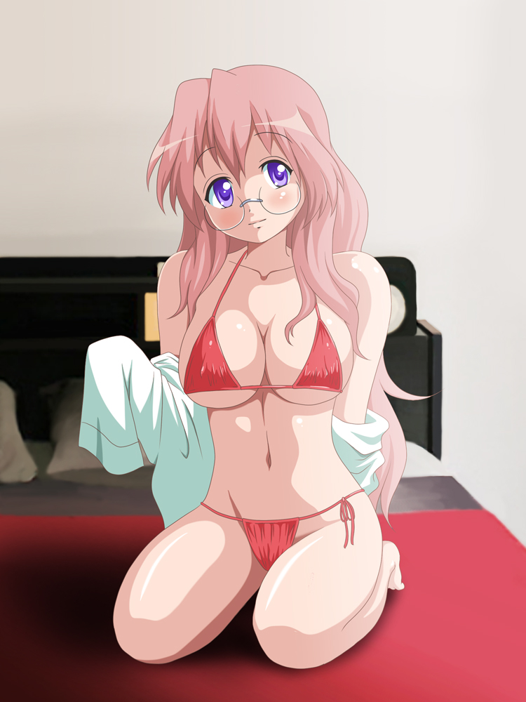 00s, 1girl, bed, bikini, breasts, female_focus, glasses, hiro_yoshinaka
