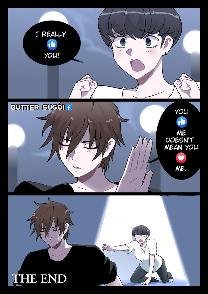 1boy, 1girl, 3koma, artist_name, black_hair, blue_eyes, break_up, breasts