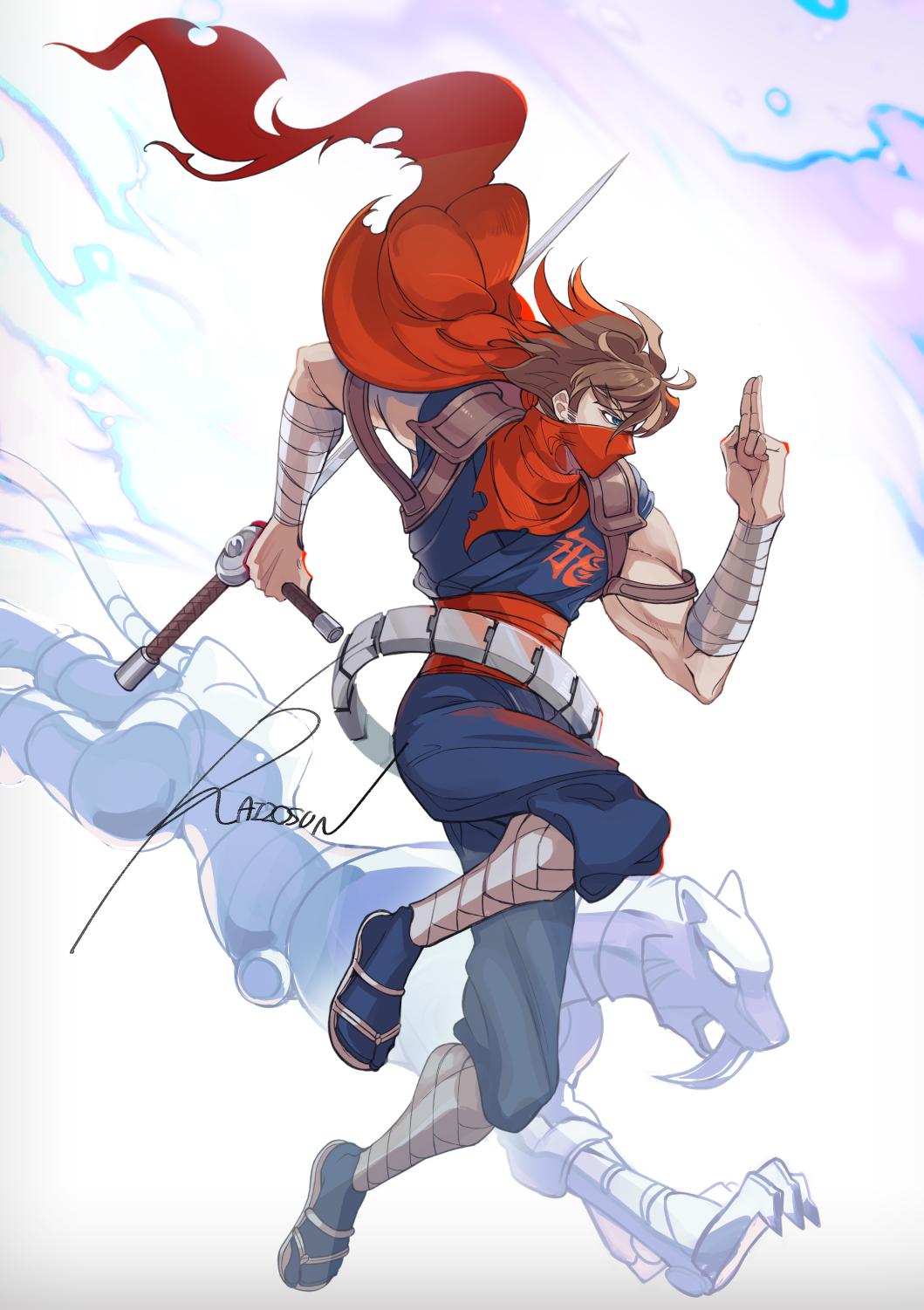 1boy, armband, belt, blue_eyes, brown_hair, capcom, claws, drone