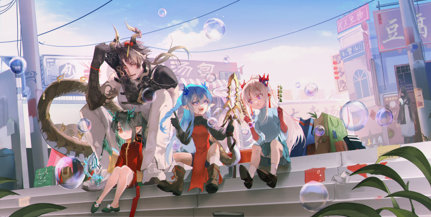 1boy, 1other, 3girls, absurdres, aged_down, arknights, bag, black_gloves