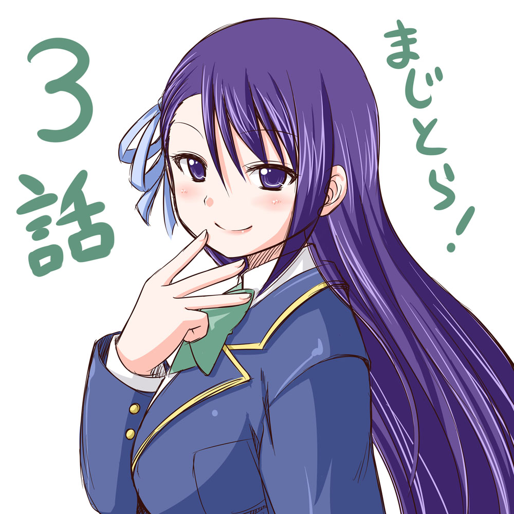 1girl, asymmetrical_bangs, blazer, blue_jacket, blue_ribbon, blush, bow, bowtie