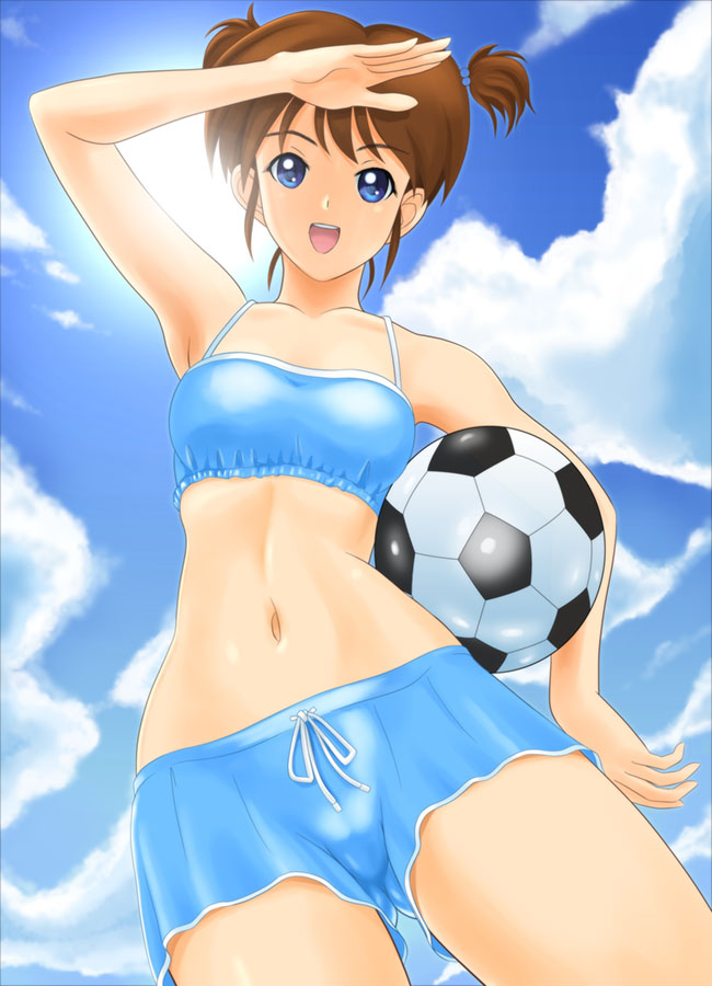 armpits, bad_id, bad_pixiv_id, ball, bikini, blue_eyes, brown_hair, cloud, day, from_below, lens_flare, maeda_itsuki, navel, shopyun, short_hair, shorts, sky, soccer_ball, solo, sun, swimsuit, telstar, tokimeki_memorial, tokimeki_memorial_4, twintails