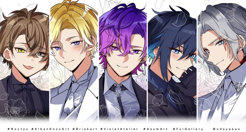 5boys, :d, alban_knox, black_bow, black_bowtie, black_gloves, black_jacket, black_necktie