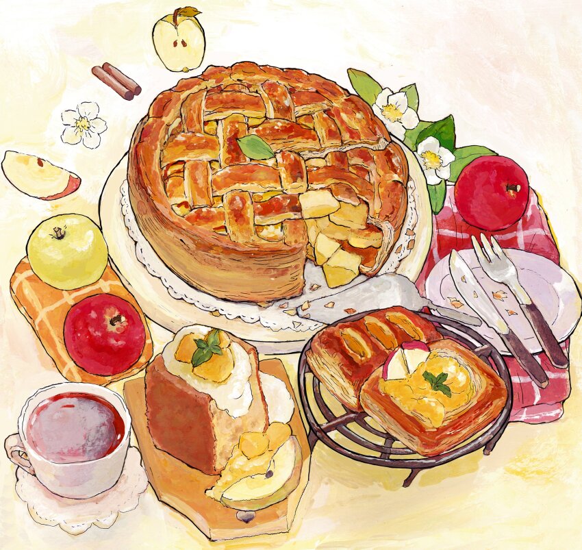 absurdres, apple, apple_pie, cake, cake_slice, cake_slicer, chiffon_cake, cinnamon_stick