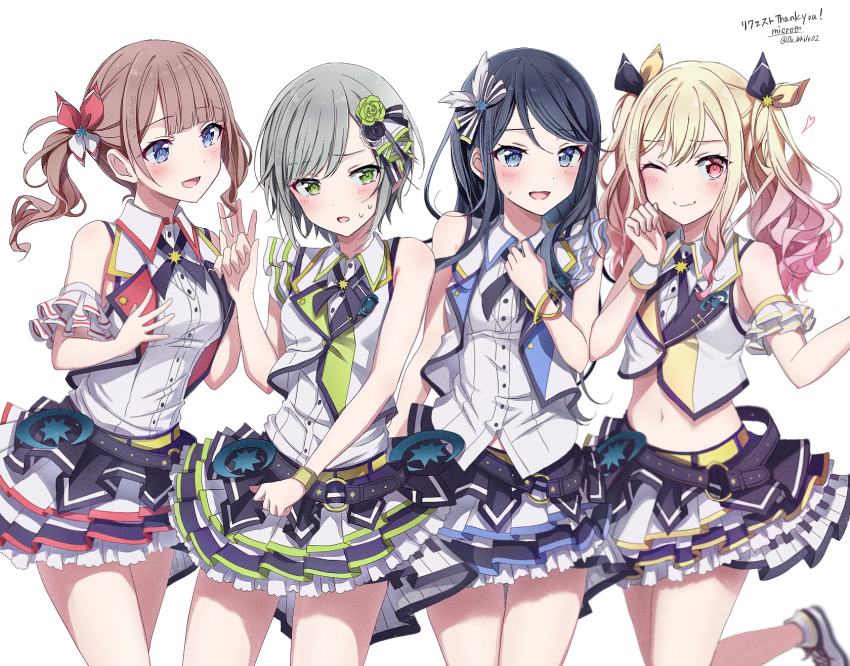 4girls, :d, ;), bare_shoulders, black_hair, black_necktie, blonde_hair, blue_eyes