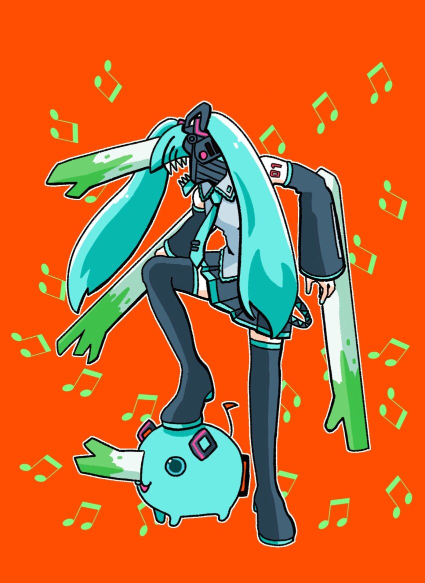 1girl, aqua_hair, aqua_necktie, black_footwear, black_skirt, blue_hair, boots, chainsaw