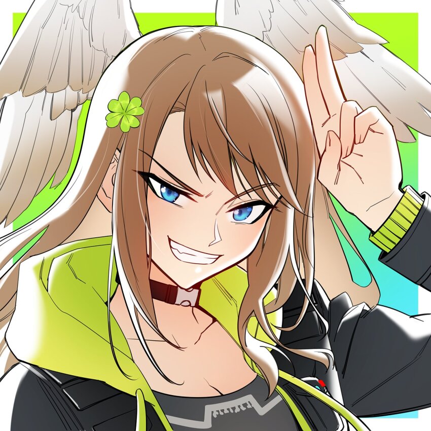 1girl, black_bodysuit, black_choker, black_jacket, blue_eyes, bodysuit, breast_tattoo, breasts, brown_hair, choker, cleavage, eunie_(xenoblade), head_wings, highres, hood, jacket, large_breasts, long_hair, looking_at_viewer, medium_hair, smile, solo, tattoo, white_wings, wings, xenoblade_chronicles_(series), xenoblade_chronicles_3, xiafei97