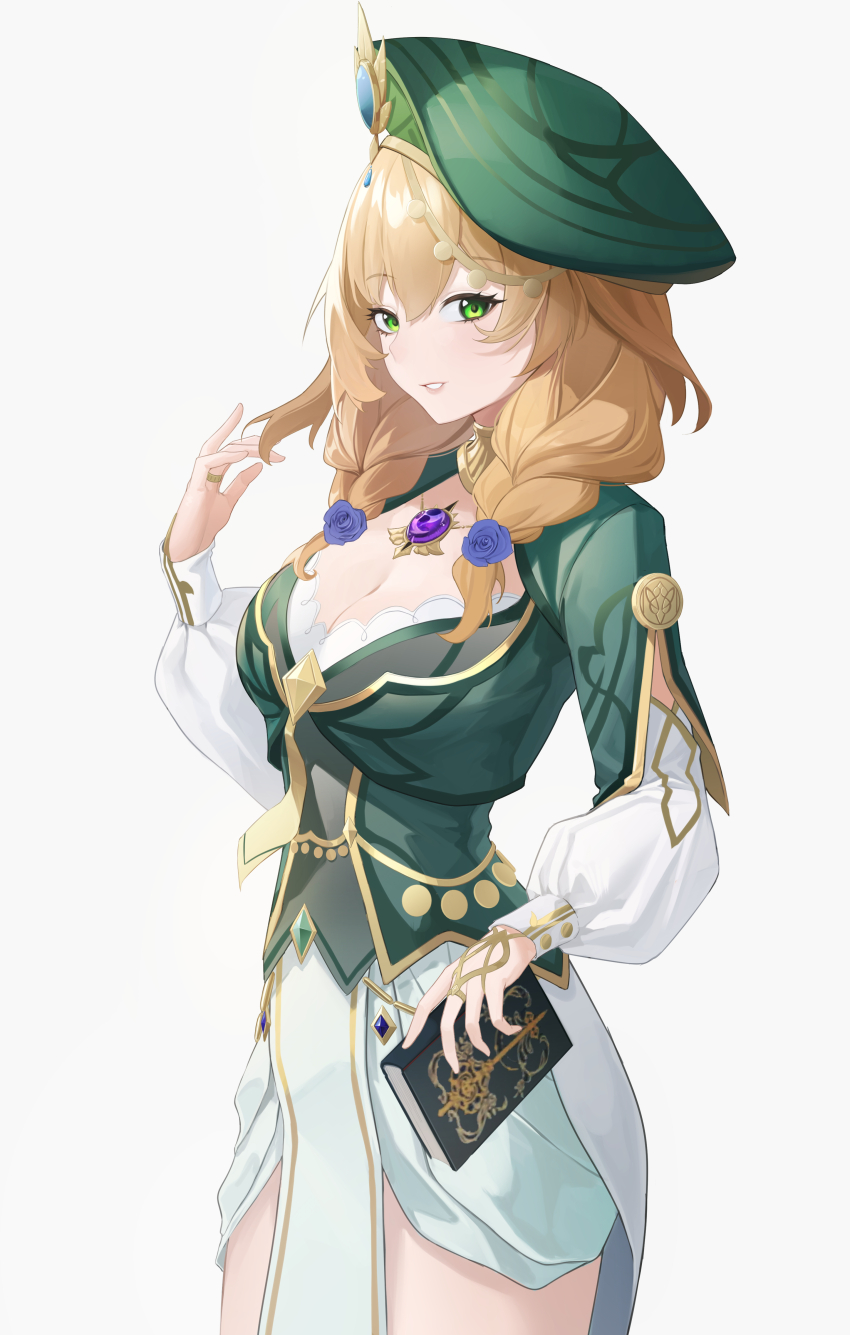 1girl, absurdres, book, braid, breasts, cleavage, commentary, flower