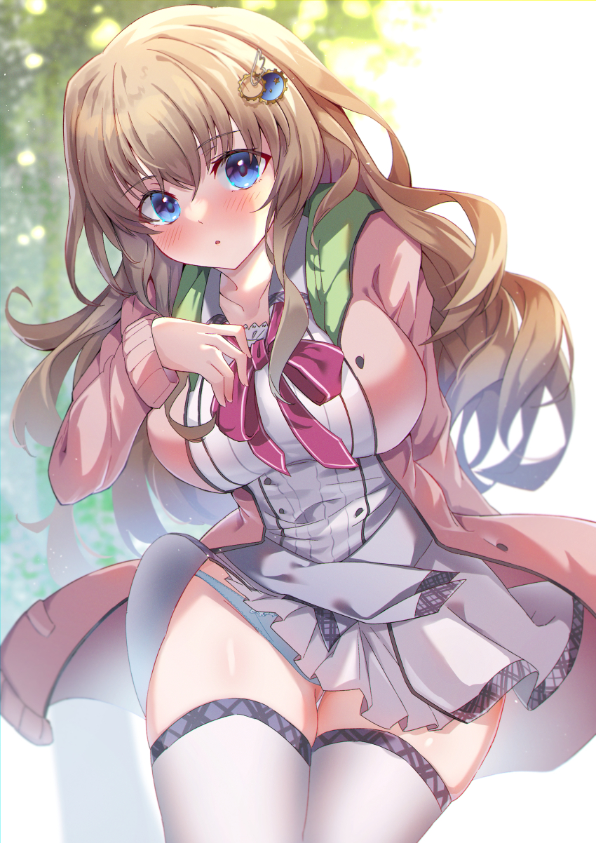 1girl, 9-nine-, :o, absurdres, arm_behind_back, belt, bloom, blue_eyes, blue_panties, blush, bow, breasts, brown_hair, collar, collarbone, dappled_sunlight, eyelashes, gabanborjarnon, green_collar, grey_belt, hair_between_eyes, hand_on_own_chest, head_tilt, highres, jacket, kujou_miyako, large_breasts, leaning_forward, long_hair, long_sleeves, looking_at_viewer, miniskirt, open_clothes, open_jacket, outdoors, panties, panty_peek, pink_jacket, pleated_skirt, red_bow, sidelocks, skirt, solo, standing, sunlight, thigh_gap, thighhighs, tree, underwear, very_long_hair, wavy_hair, white_jacket, white_skirt, white_thighhighs, wind, wind_lift, zettai_ryouiki