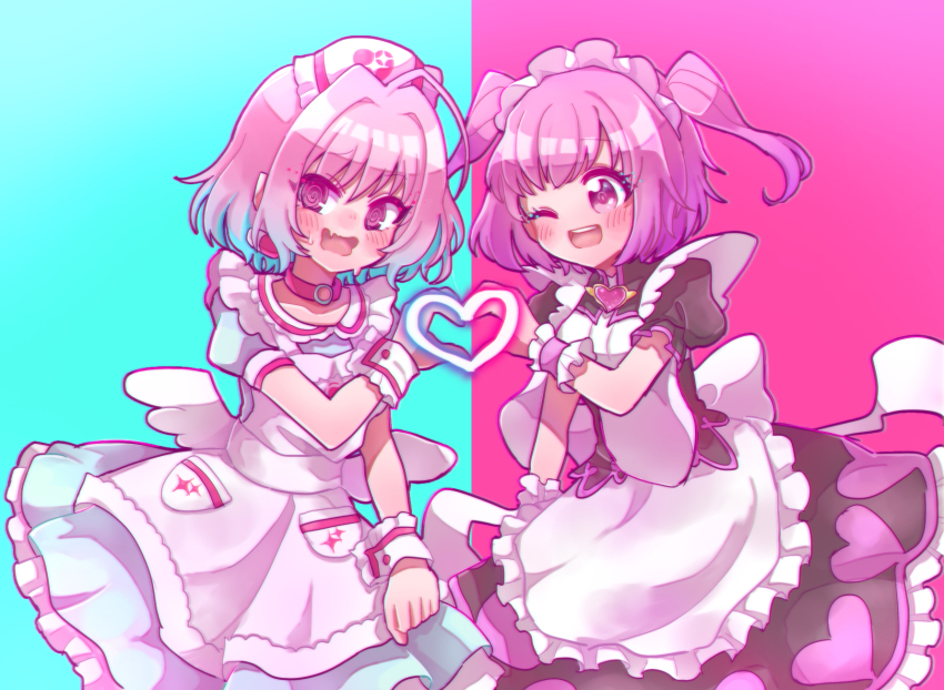 2girls, :d, ;d, @_@, ahoge, angel_wings, apron, aqua_background