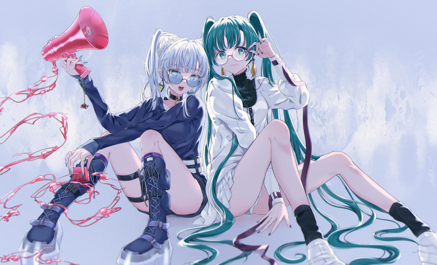 absurdres, adjusting_eyewear, aqua_eyes, aqua_hair, black_jacket, black_nails, black_socks, blue_eyes