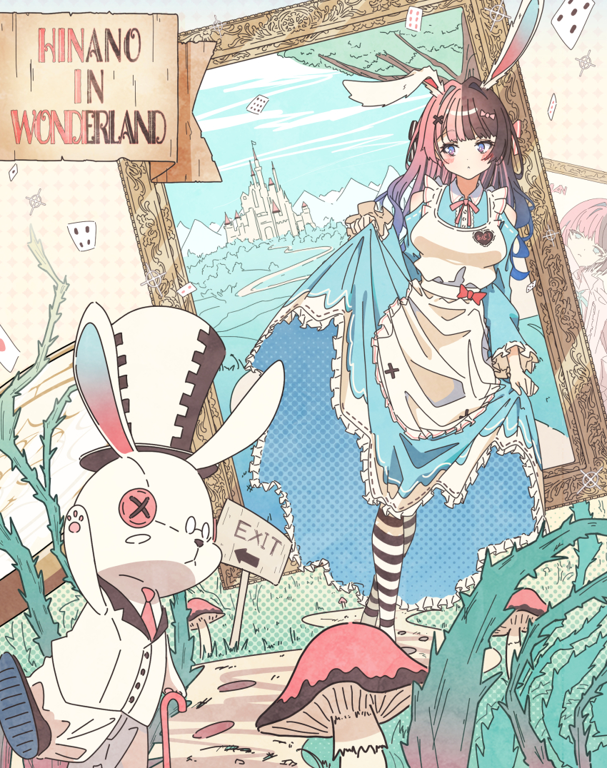 1girl, absurdres, alice_(alice_in_wonderland), alice_(alice_in_wonderland)_(cosplay), animal_ears, apron, blue_dress, blue_eyes, blush, bow, bowtie, brown_hair, cane, card, castle, clothes_lift, clothing_cutout, collar, cosplay, dress, english_text, frilled_skirt, frilled_sleeves, frills, grass, hair_intakes, hair_ornament, hair_ribbon, halftone, hat, highres, holding, holding_cane, holding_own_skirt, iris_black, kazari_(1a2b3c4d98721), lapels, long_sleeves, mountain, multicolored_hair, mushroom, necktie, pavement, picture_frame, pink_hair, playing_card, rabbit_ears, red_necktie, ribbon, rimless_eyewear, road_sign, shoulder_cutout, sign, skirt, skirt_lift, soles, solo, sparkle, split-color_hair, standing, stuffed_toy, tachibana_hinano, thorns, top_hat, tree, two-tone_hair, virtual_youtuber, vspo!, white_apron, x_hair_ornament