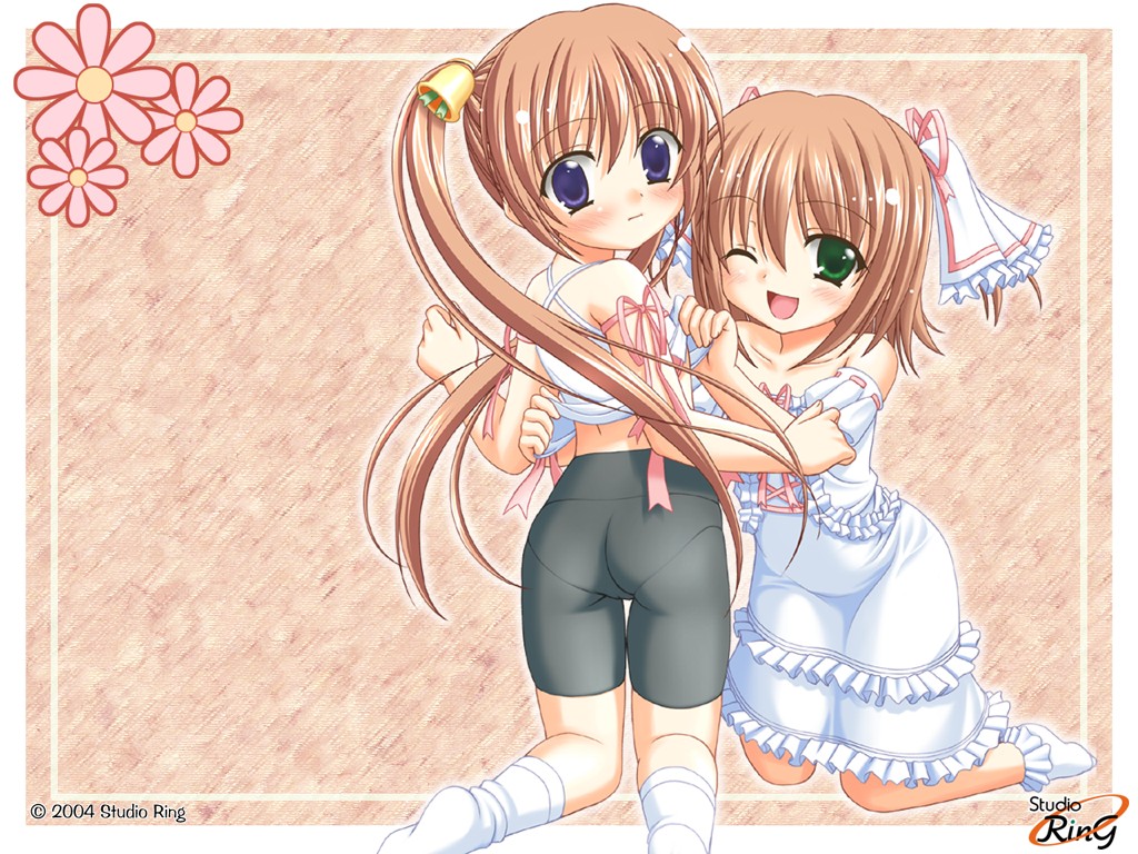 2girls, ass, bike_shorts, blue_eyes, blush, clothes_lift, cosplay, costume_switch