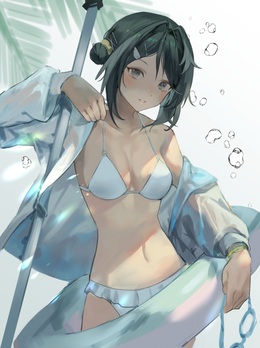 1girl, absurdres, arknights, bare_shoulders, bikini, black_hair, breasts, commentary_request