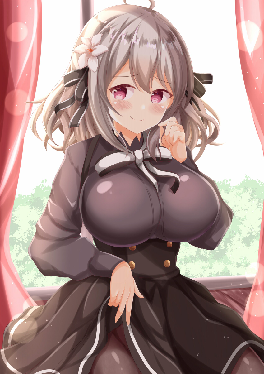 1girl, ahoge, black_bow, black_shirt, black_skirt, blush, bow, breasts