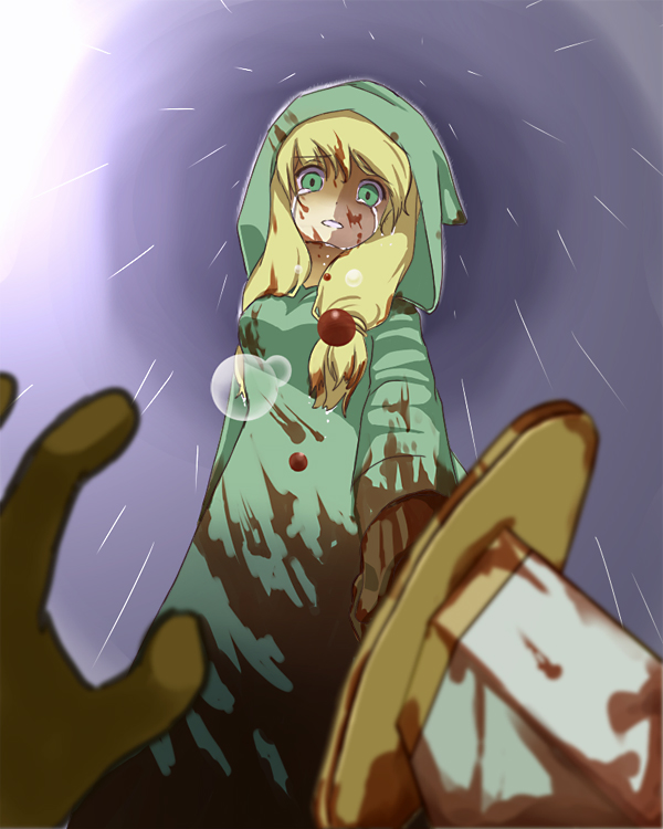 1girl, 2003204, alternate_color, atsurikacha, blonde_hair, blood, braid, crying, female_focus, final_fantasy, final_fantasy_tactics, final_fantasy_tactics:_hakuma_doushi_shibari, gloves, green_eyes, hood, long_hair, looking_at_viewer, rain, robe, solo, sword, tears, twin_braids, weapon, white_mage, white_mage_(fft), white_mage_(final_fantasy)