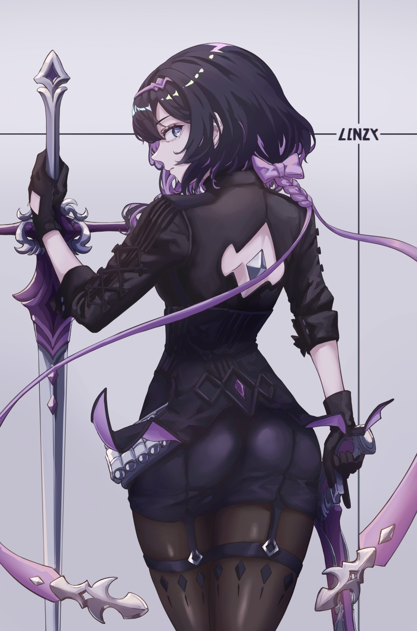 1girl, absurdres, ass, asymmetrical_dual_wielding, back_cutout, belt, black_gloves, black_hair