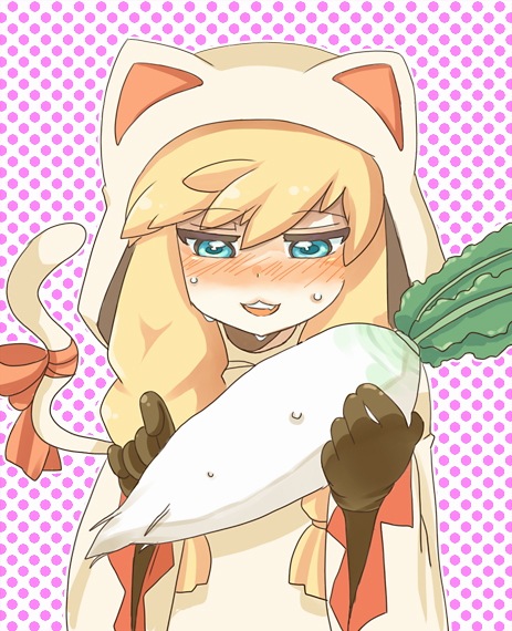 1girl, 2003204, animal_ears, blonde_hair, blue_eyes, blush, cat_ears, cat_girl, cat_tail, female_focus, final_fantasy, final_fantasy_tactics, gloves, hood, long_hair, radish, robe, tail, white_mage, white_mage_(fft), white_mage_(final_fantasy)