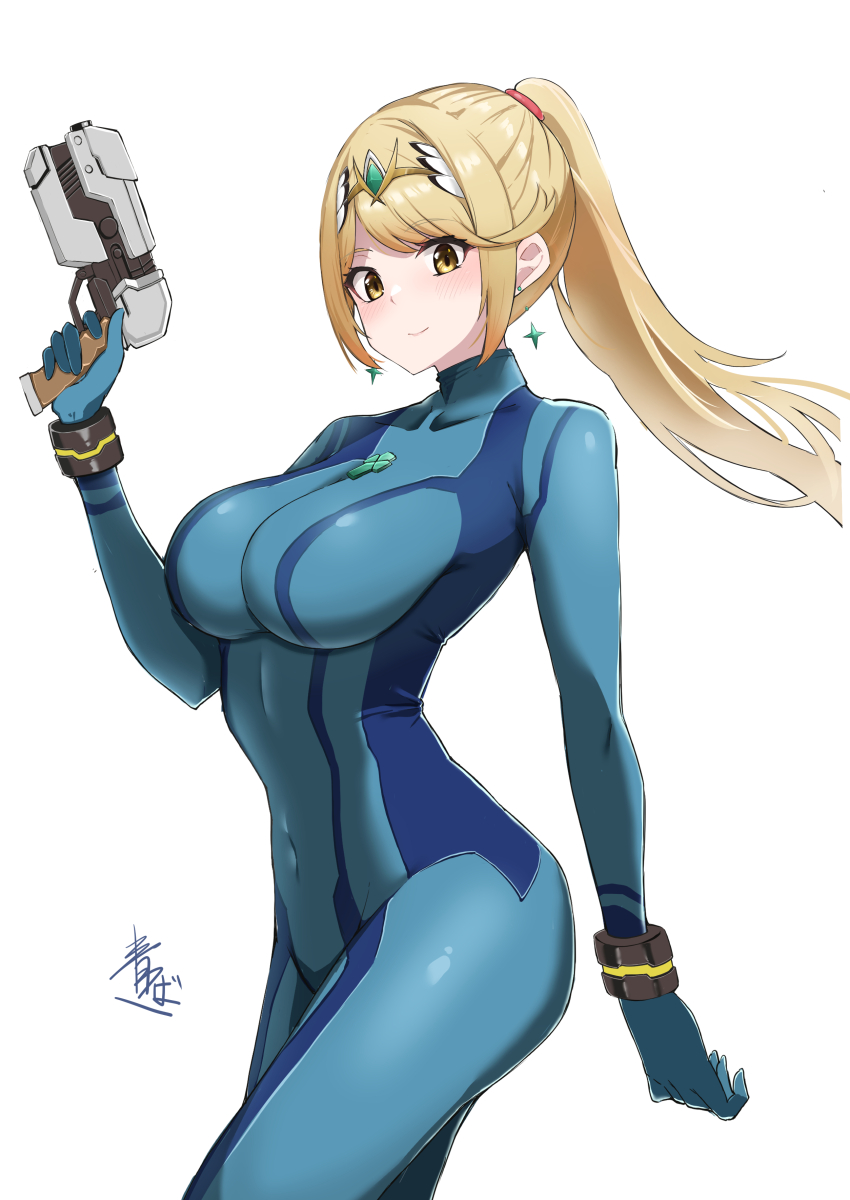 1girl, absurdres, aotsuba, blonde_hair, bodysuit, breasts, cosplay, covered_navel, cowboy_shot, earrings, gun, handgun, highres, jewelry, large_breasts, light_blush, long_hair, looking_at_viewer, metroid, mythra_(xenoblade), nintendo, ponytail, samus_aran, samus_aran_(cosplay), signature, simple_background, smile, solo, super_smash_bros., tiara, weapon, white_background, xenoblade_chronicles_(series), xenoblade_chronicles_2, yellow_eyes, zero_suit