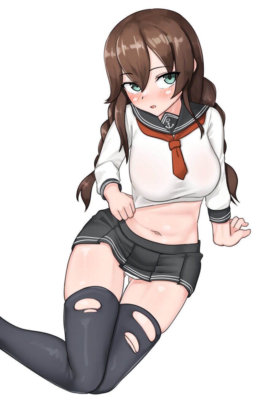1girl, absurdres, anchor_ornament, black_sailor_collar, black_skirt, black_thighhighs, braid, brown_hair, cosplay, feet_out_of_frame, green_eyes, highres, ikazuchi_(kancolle), ikazuchi_(kancolle)_(cosplay), kantai_collection, looking_at_viewer, maru_(marg0613), midriff, neckerchief, noshiro_(kancolle), one-hour_drawing_challenge, pleated_skirt, red_neckerchief, sailor_collar, school_uniform, serafuku, simple_background, sitting, skirt, solo, swept_bangs, thighhighs, torn_clothes, torn_thighhighs, twin_braids, undersized_clothes, white_background, yokozuwari